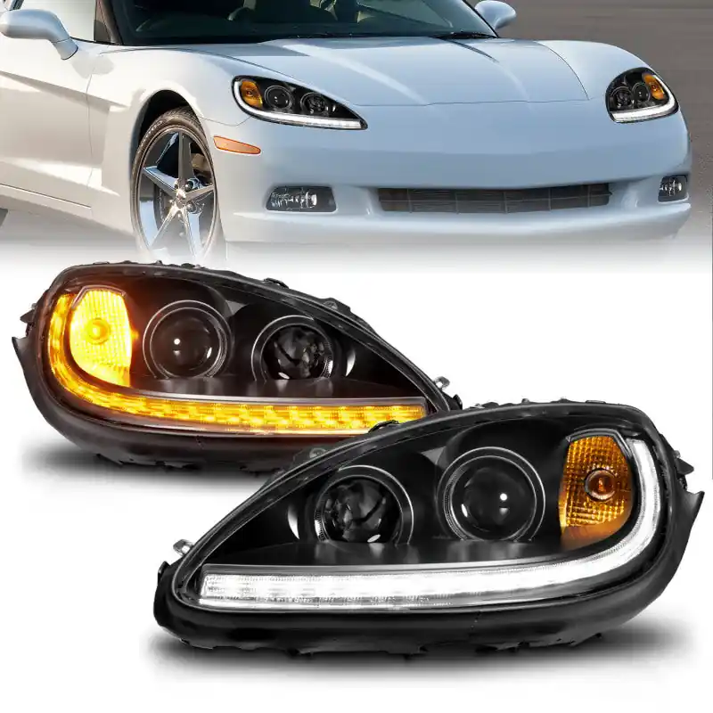 ANZO 05-13 Chevrolet Corvette Projector Headlights w/switchback & Sequential LED - Black Amber Genuine