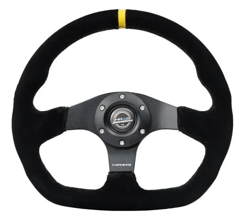 Direct From Factory NRG Reinforced Steering Wheel (320mm) Sport Suede Dual Push Buttons Flat Bottom w/ Yellow Center