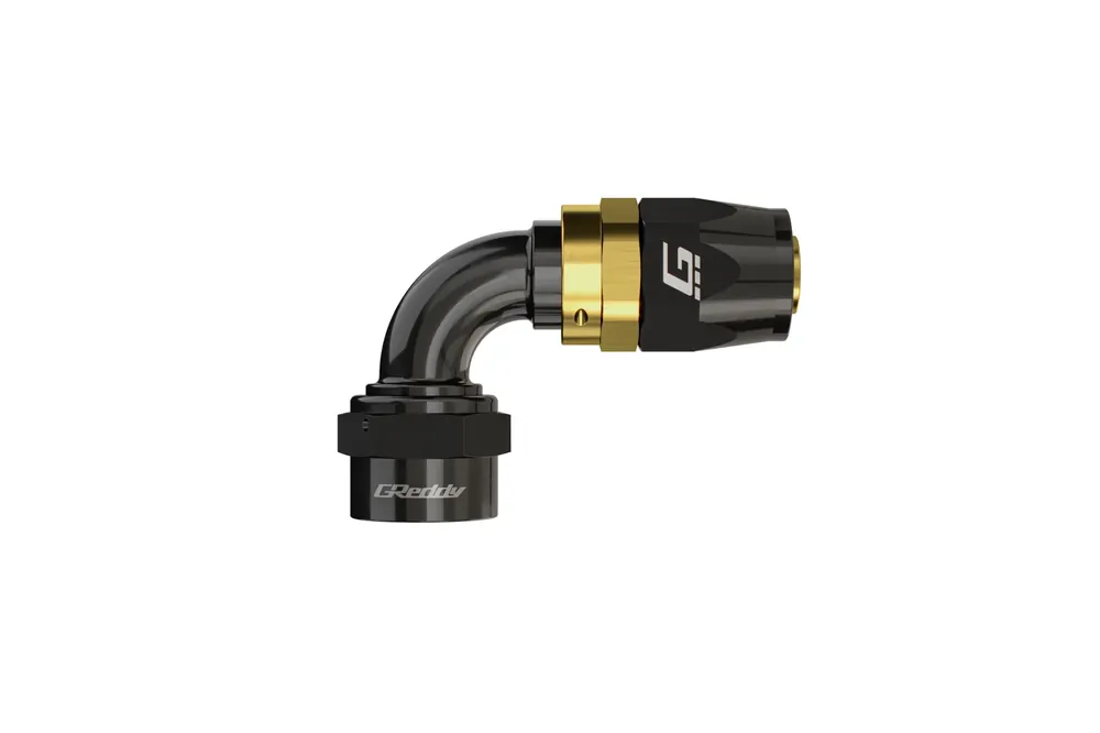 GReddy AN08 45 DEGREE HOSE END SWIVEL BLACK/GOLD ANODIZED — PMD Premier Motoring Development Hot Deal