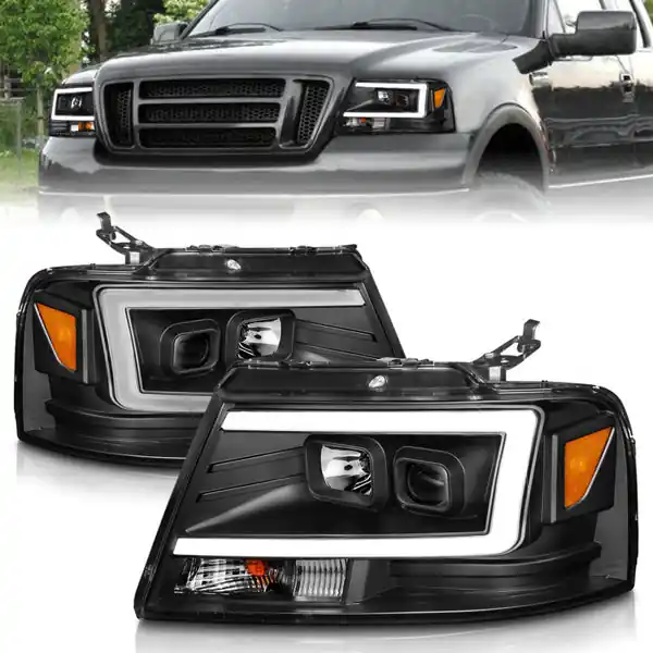 ANZO 2004-2008 Ford F-150 Projector Headlights w/ Light Bar Black Housing Fan Favorite