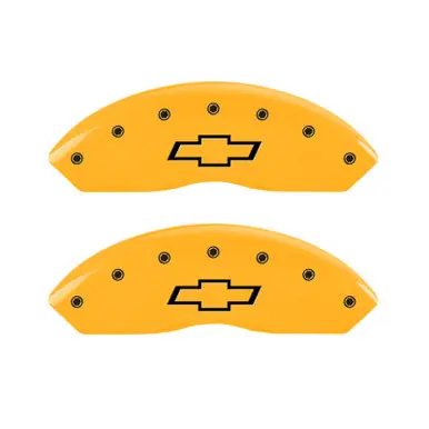 MGP 2 Caliper Covers Engraved Front Bowtie Yellow Finish Black Char 1999 Chevrolet Tahoe - 14212FBOWYL Hot Deal